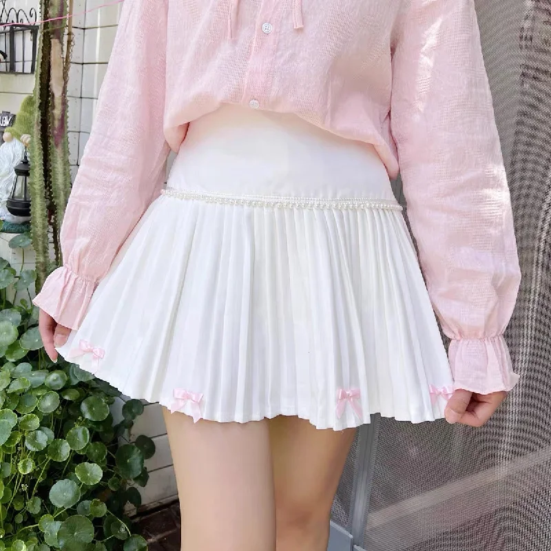 2023 New Japanese cute Bow pearl high waist skirt BY9155 linen skirt airy