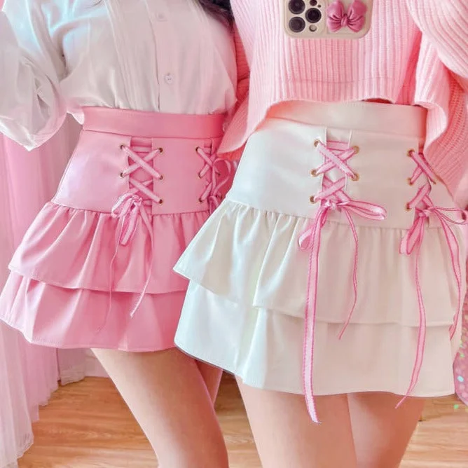 2023 New Japanese Cute PU Leather Skirt High Waist Strap Short Skirt BY9153 linen skirt natural