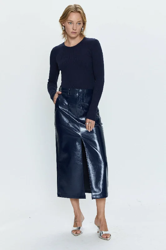 Pistola Alice Utility Midi Skirt in Navy Vinyl seamless skirt comfort