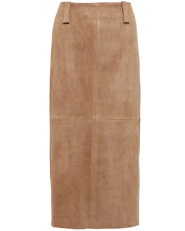 Tan Suede Split Front Midi Skirt high slit skirt