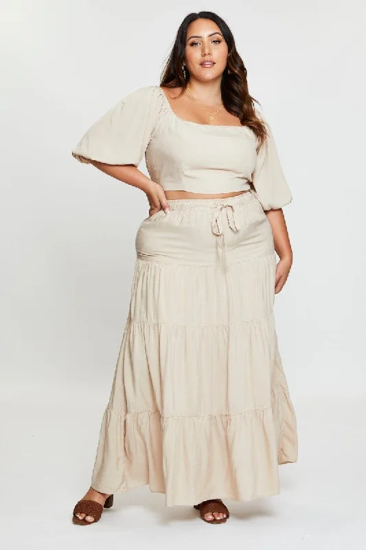 Beige High Waist Tiered Maxi Skirt silk skirt lustrous