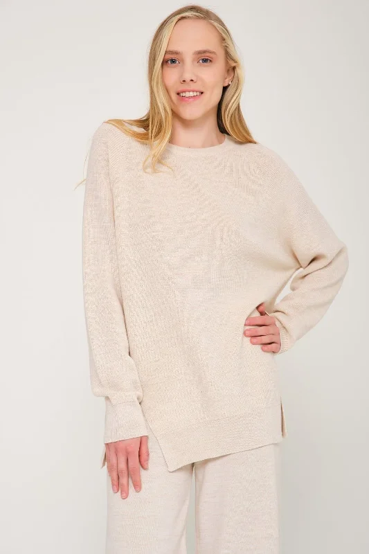 Beige Knit Sweater & Pants Set Zippered Buttoned Snapped