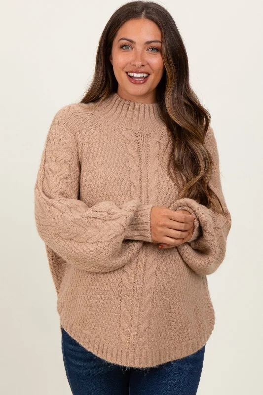 Beige Mixed Chunky Cable Knit Mock Neck Maternity Sweater Turtle Neck Boat Neck Asymmetrical Neck Beige Mixed Chunky Cable Knit Mock Neck Maternity Sweater Turtle Neck Boat Neck Asymmetrical Neck