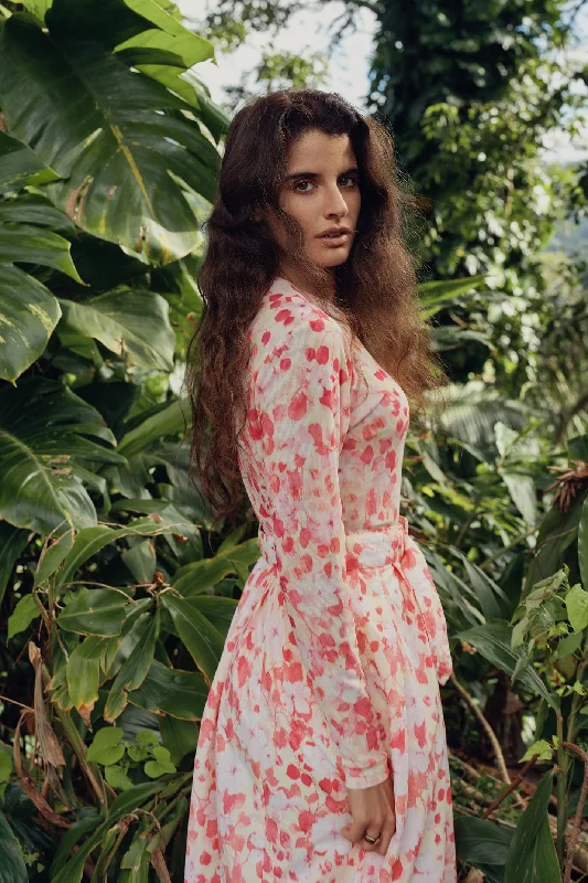 Belted Midi Skirt-Pink Floral chiffon skirt airy