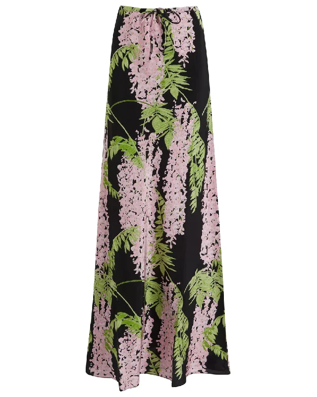 Black and Pink Wisteria Print Emily Maxi Skirt velvet skirt sumptuous