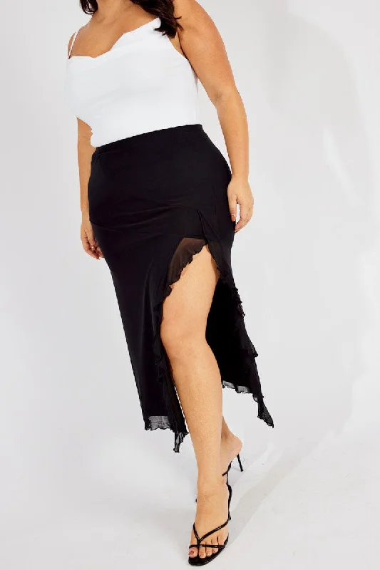 Black Mesh Frill Panel Skirt linen skirt airy