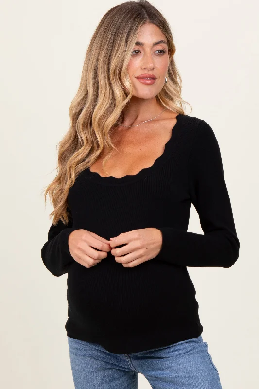 Black Scallop Hem Square Neck Maternity Sweater Fitted Slim Tailored