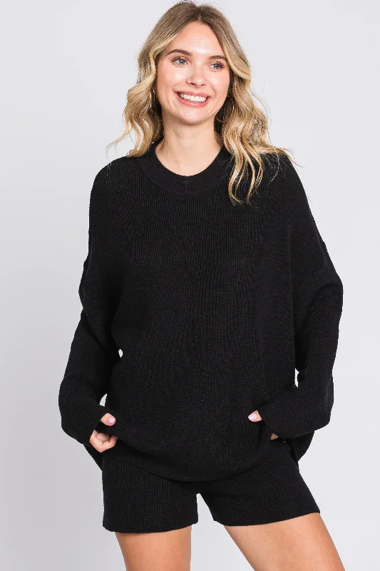 Black Sweater and ShortSet Ribbed Striped Patterned