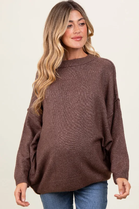 Brown Oversized Crewneck Melange Knit Maternity Sweater Transparent Opaque Sheer
