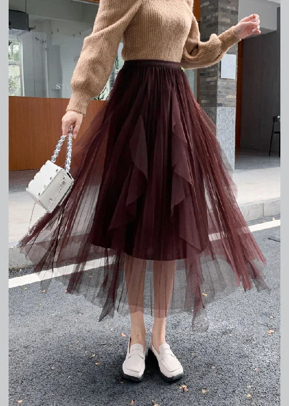 Brown tulle Asymmetrical pleated skirt Spring cashmere skirt fine