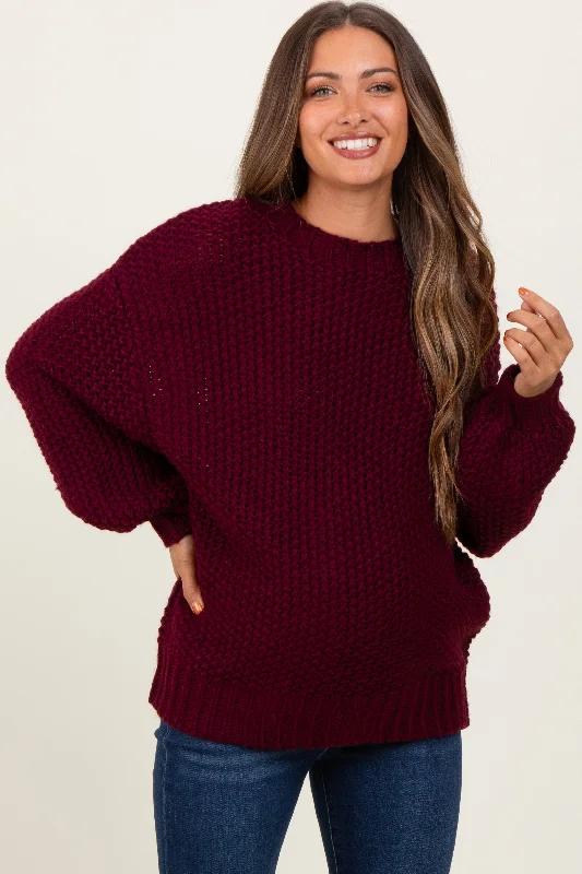 Burgundy Chunky Knit Oversized Drop Shoulder Maternity Sweater Neon Metallic Matte