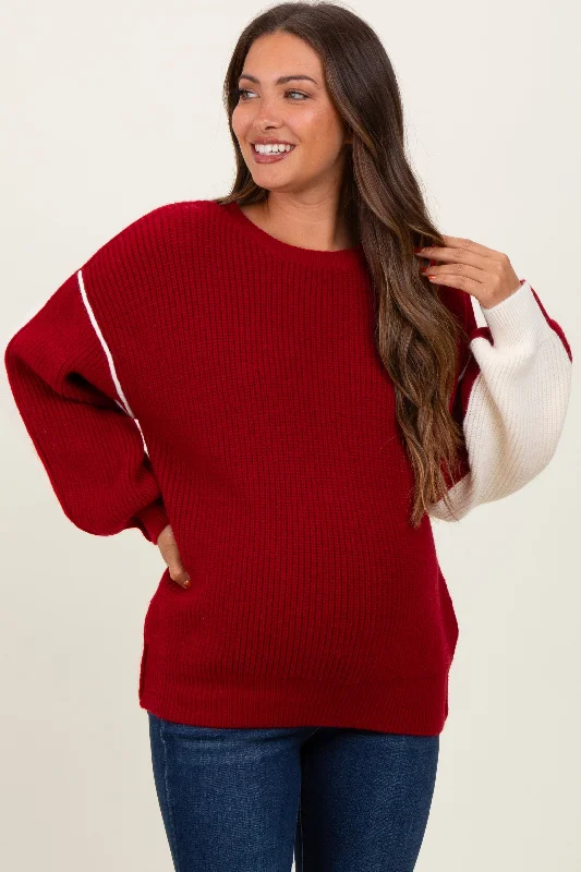 Burgundy Ivory Colorblock Oversized Maternity Sweater Solid Color Striped Floral Print
