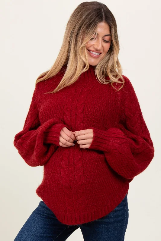 Burgundy Mixed Chunky Cable Knit Mock Neck Maternity Sweater Tailored Straight A-Line