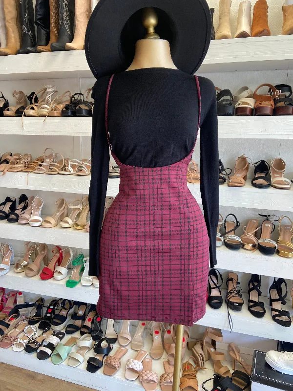 Burgundy Plaid Overall Skirt denim skirt classic