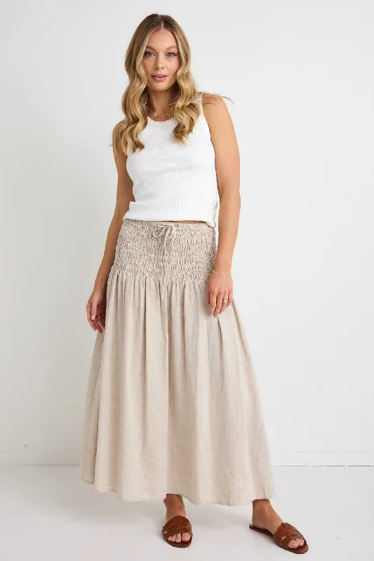Byron Natural Linen Shirred Waist Maxi Skirt velvet skirt glossy
