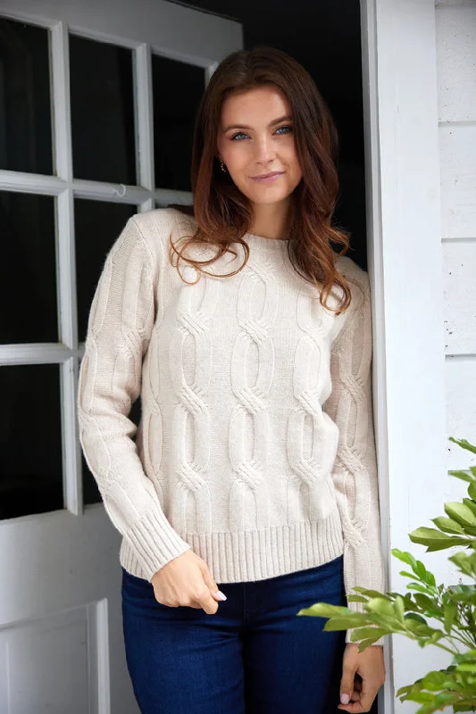 Sail to Sable Cable Knit Crew Sweater Camel Solid Color Striped Floral Print