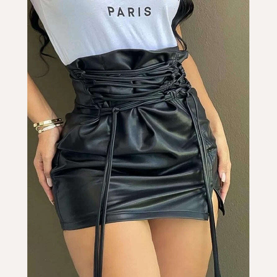 casual Lace-up High Waist PU Leather Mini Slit Skirt y2k clothes women's outfits female clothing new fashion womens bottom black high waist skirt