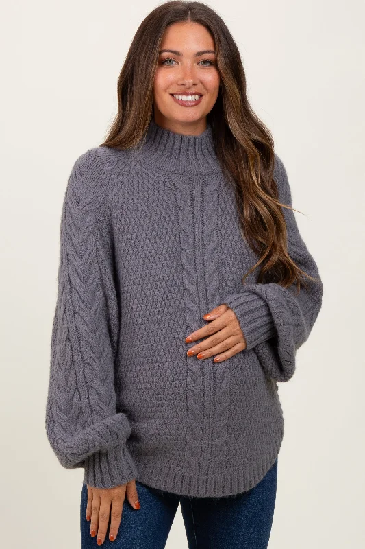 Charcoal Mixed Chunky Cable Knit Mock Neck Maternity Sweater Layered Multi-layer Single Layer Charcoal Mixed Chunky Cable Knit Mock Neck Maternity Sweater Layered Multi-layer Single Layer