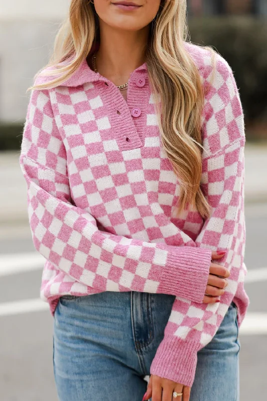 Checkered Collared Neck Long Sleeve Sweater Lightweight Heavyweight Midweight