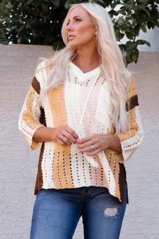 Color Block Openwork Hooded Sweater Silk Blend Satin Velvet