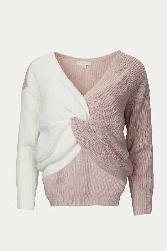 Colorblocked Cropped Twisted Ribbed-Knit Sweater In Ivory/mauve Collared Crew Neck Turtle Neck Colorblocked Cropped Twisted Ribbed-Knit Sweater In Ivory/mauve Collared Crew Neck Turtle Neck