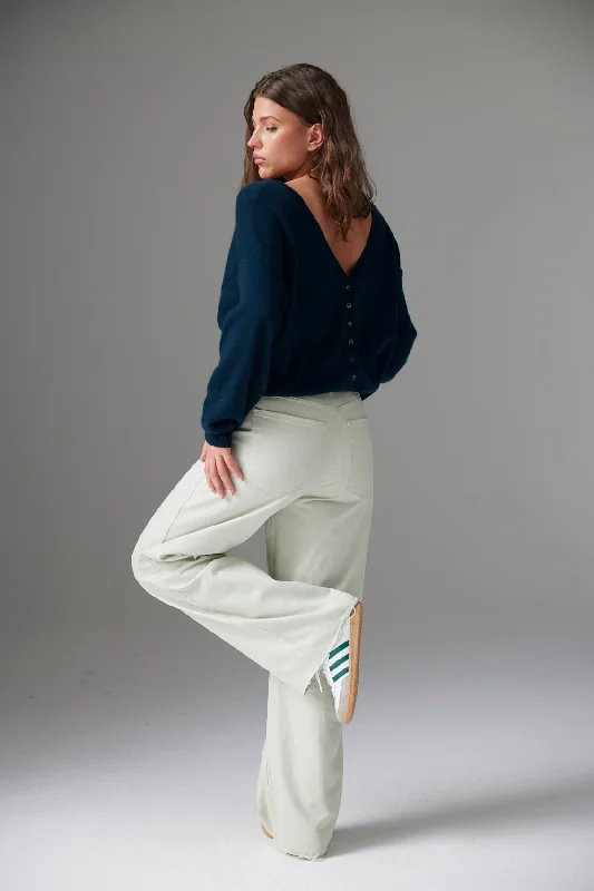 COLORUSH Barbara Button Back Cashmere Sweater / Pine Boat Neck Shawl Collar Notched Collar COLORUSH Barbara Button Back Cashmere Sweater / Pine Boat Neck Shawl Collar Notched Collar