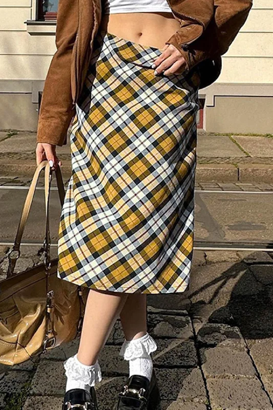 Contrast Plaid High waist Midi Skirt patchwork skirt art