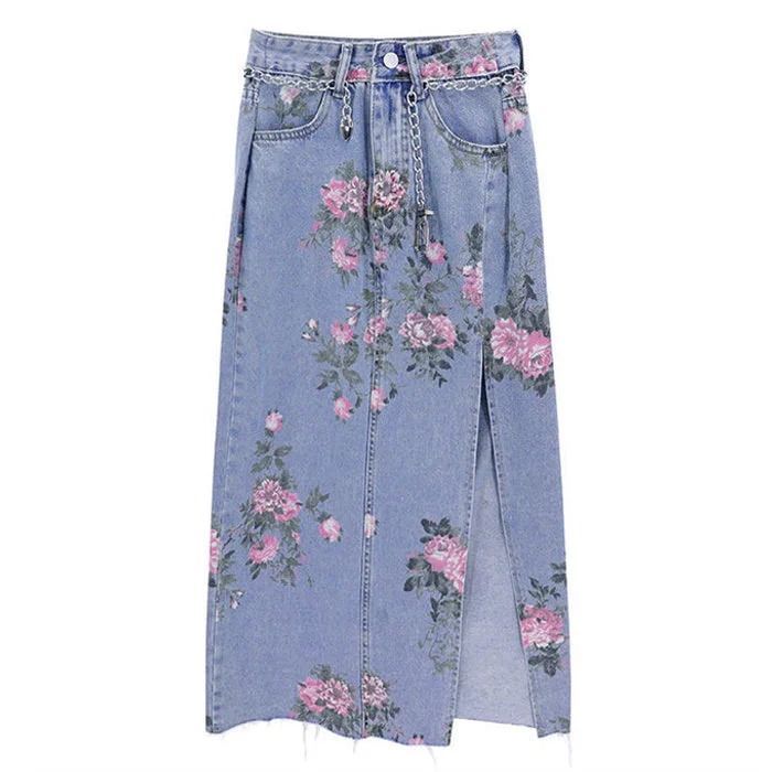 Cottage Floral Long Denim Skirt denim skirt durable