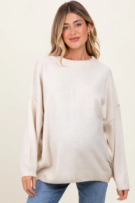 Cream Oversized Crewneck Melange Knit Maternity Sweater Tailored Straight A-Line