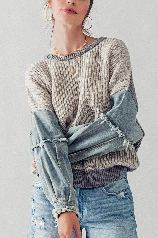 Denim Sleeve Knit Sweater Spandex Blend Rayon Blend Denim Blend