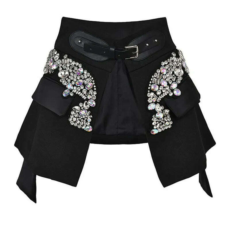 EAM Black Irregular Rhinestones Belted Mini Half-body Skirt High Waist Women Fashion Tide New Spring Autumn 2024 JY75801 denim skirt fashionable