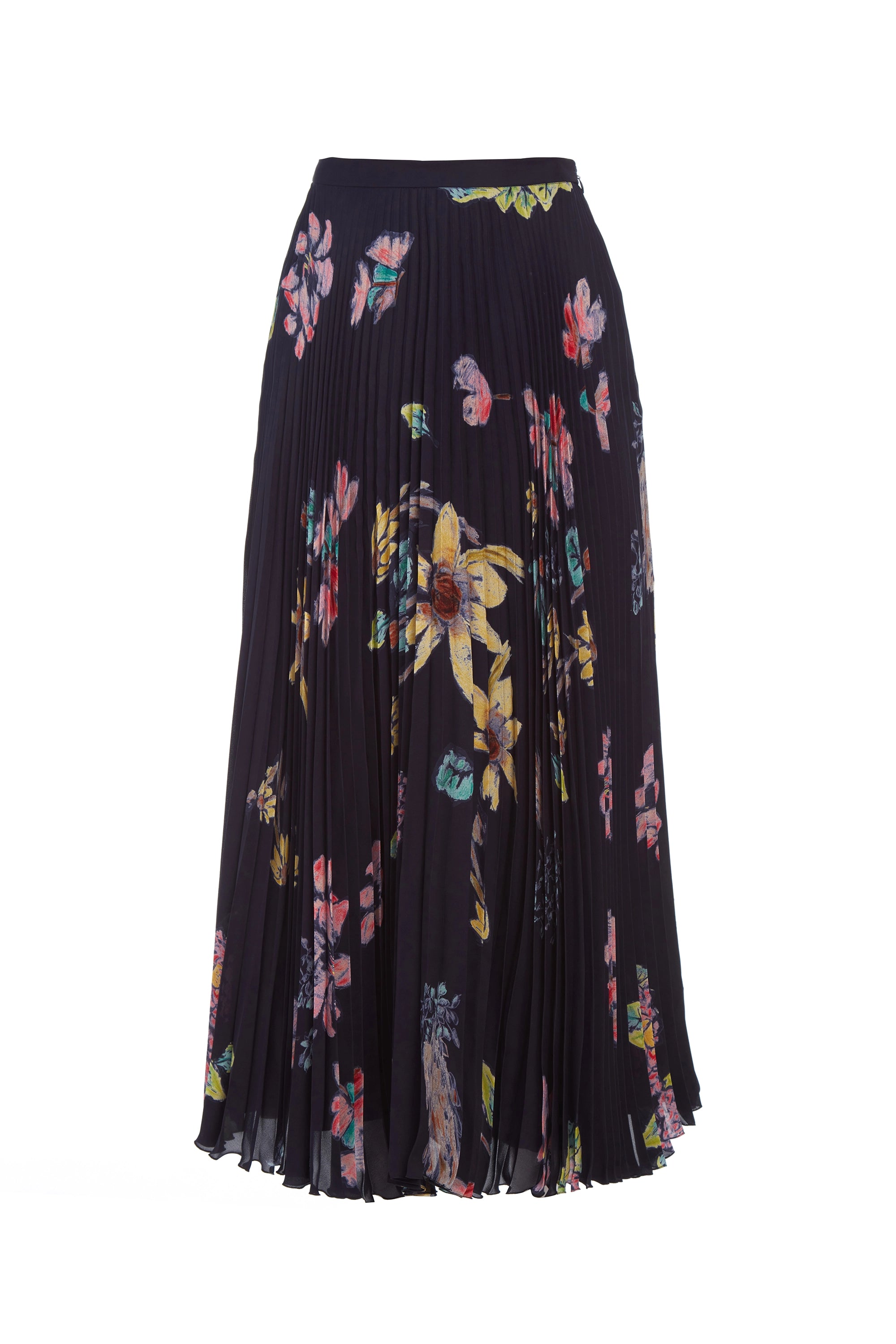 Eames Midi Skirt in Dark Navy Multi Printed Silk Georgette high slit skirt