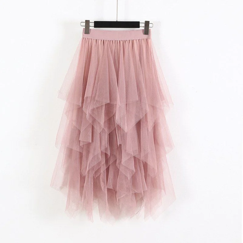Elastic High Waist Skirts Women Solid Irregular Mesh Tulle Skirts Elegant A-Line Long Skirt Ladies Summer Autumn Skirt silk skirt elegant