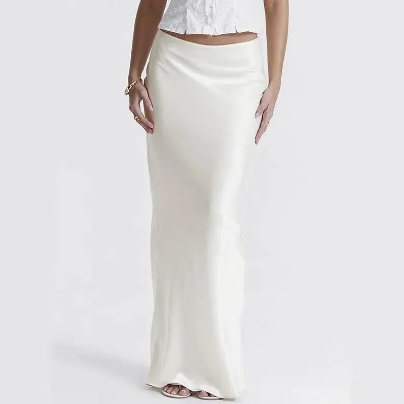 Elegant High Waist Satin Maxi Skirt lace skirt intricate