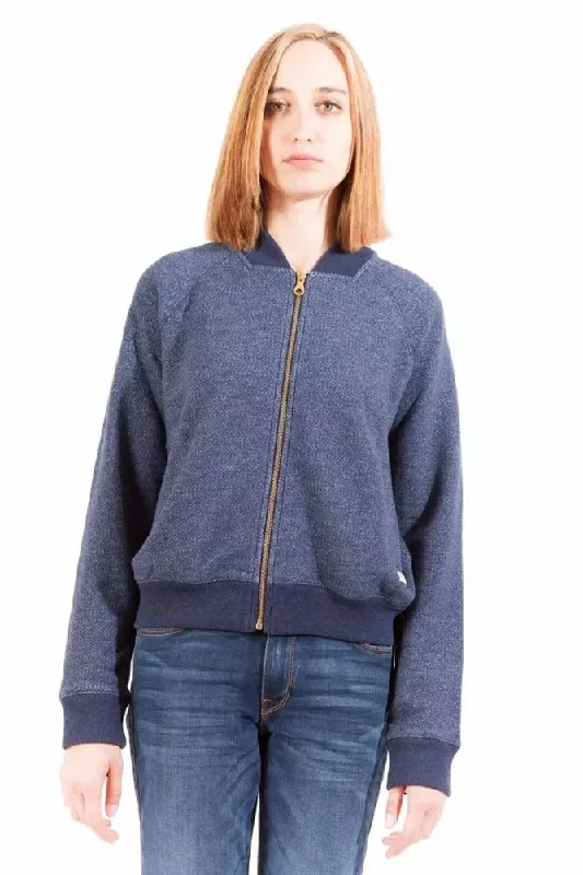 Blue Cotton Women Sweater Welt Pockets Slit Pockets Flap Pockets