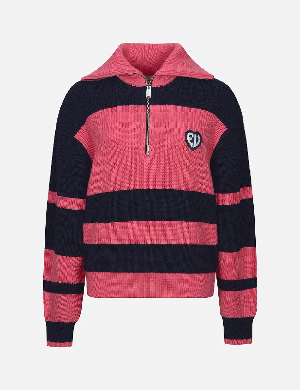 EV Heart Badge Striped Cropped Half-Zip Sweater Real Fur Shearling Chenille