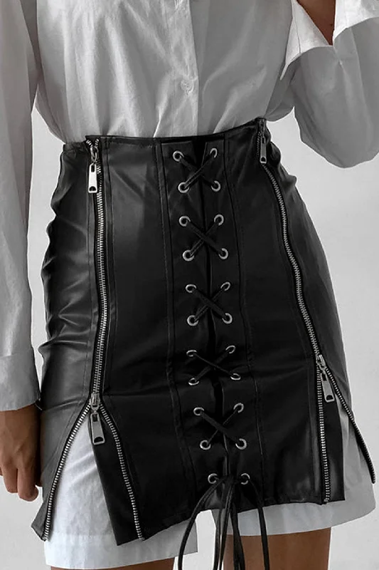 TastyHottie - Eyelet Strap Pack Hip Leather Skirt asymmetrical skirt cut