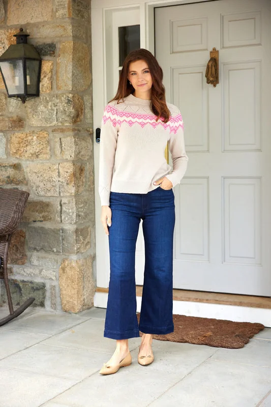 Sail to Sable Fair Isle Crew Neck Sweater Camel/Hibiscus Fleece Sweater Nylon Polyester