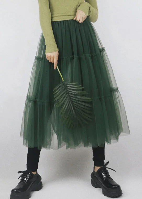 Fashion Green Patchwork tulle a line skirts Spring lace skirt intricate