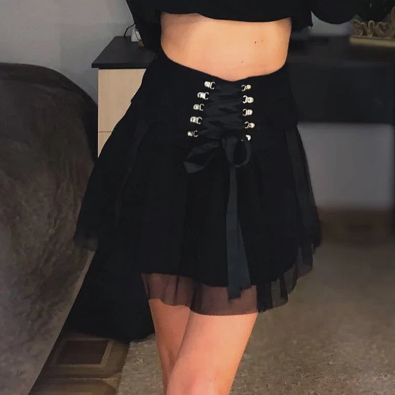 Y2k Vintage Dark Straps Female Style Ladies Harajuku Mesh Summer Streetwear Black Sexy High Waist A-Line Skirt silk skirt lustrous