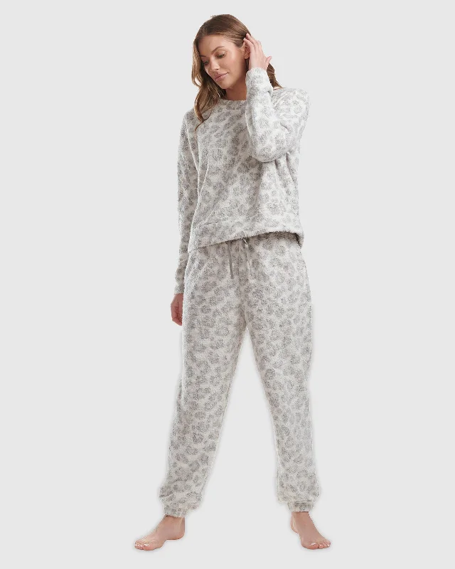 Grey Leopard Cozy Sweater PJ Set Houndstooth Herringbone Solid