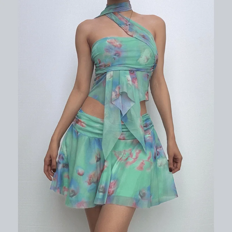Halter ruched print ruffle mesh mini skirt set linen skirt breathable