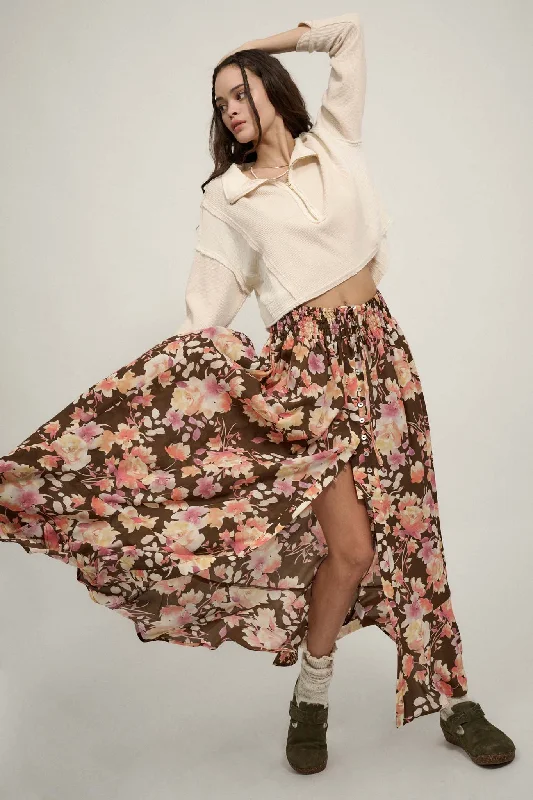 Harvest Dawn Floral Button-Front Maxi Skirt leather skirt bold