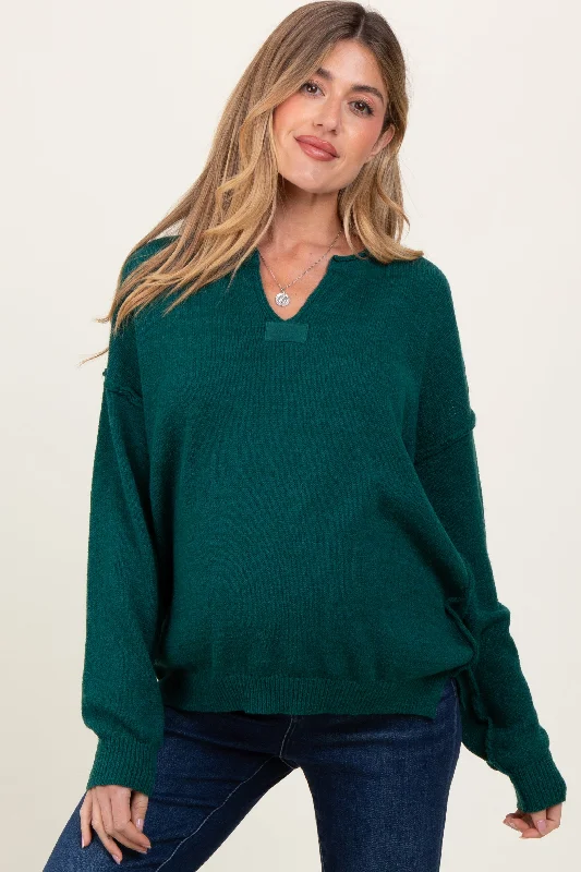 Hunter Green Notched Neck Oversized Maternity Sweater Knit Top Fleece Sweater Nylon Polyester Hunter Green Notched Neck Oversized Maternity Sweater Knit Top Fleece Sweater Nylon Polyester