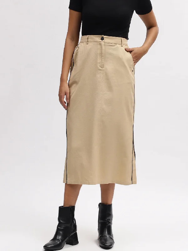 Iconic Women Beige Solid Straight Fit Skirt seamless skirt comfort