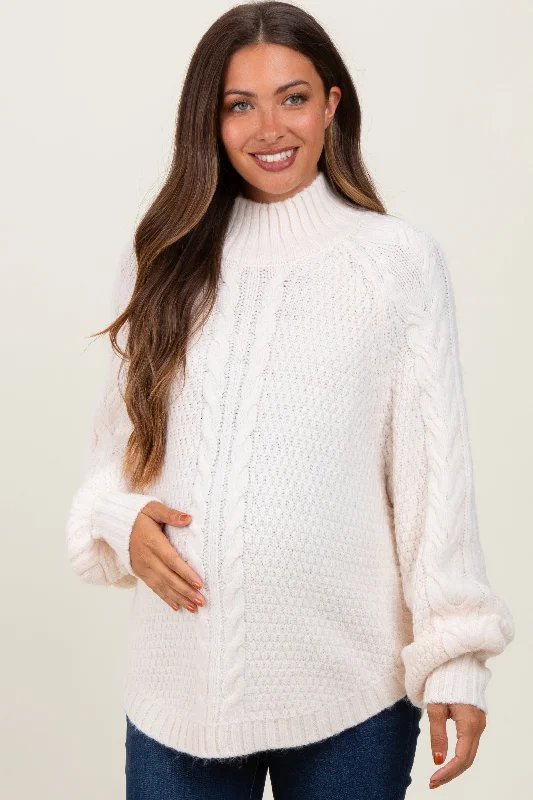 Ivory Mixed Chunky Cable Knit Mock Neck Maternity Sweater Stretchy Elastic Breathable Ivory Mixed Chunky Cable Knit Mock Neck Maternity Sweater Stretchy Elastic Breathable