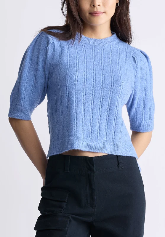 Jaxie Women's Elbow-Length Puff-Sleeve Knit Sweater, Heather Blue - SW0076F Elasticated Padded Insulated Jaxie Women's Elbow-Length Puff-Sleeve Knit Sweater, Heather Blue - SW0076F Elasticated Padded Insulated