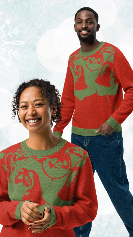 Jingle Bell Red Christmas Knitted crew neck sweater Toggled Drawstring Belted