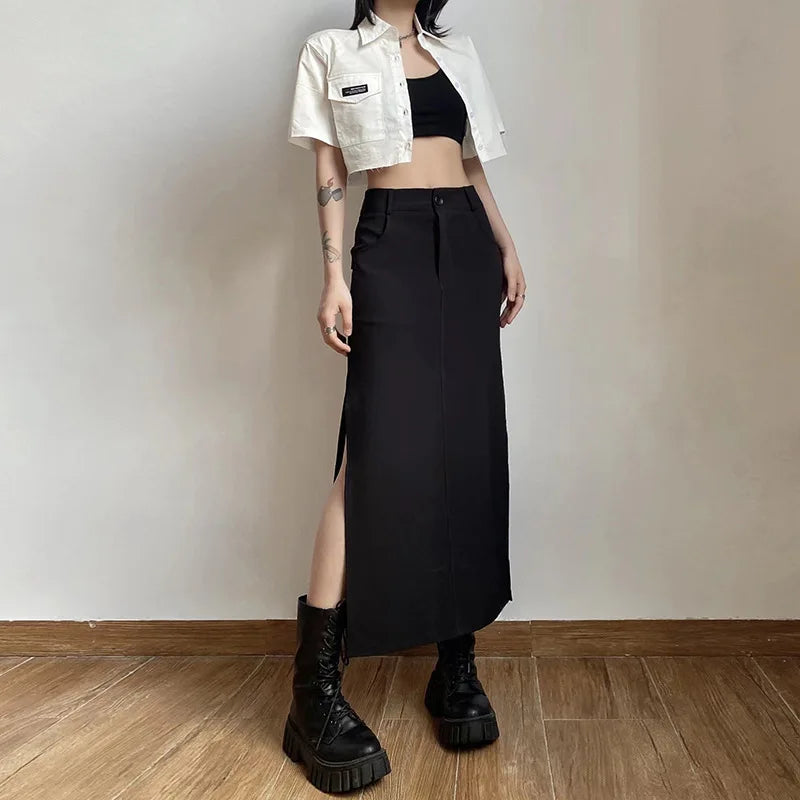 Goth Dark Streetwear Black Y2k Cargo Midi Grunge Gothic Split Sexy High Waist Skirt boho skirt vibe