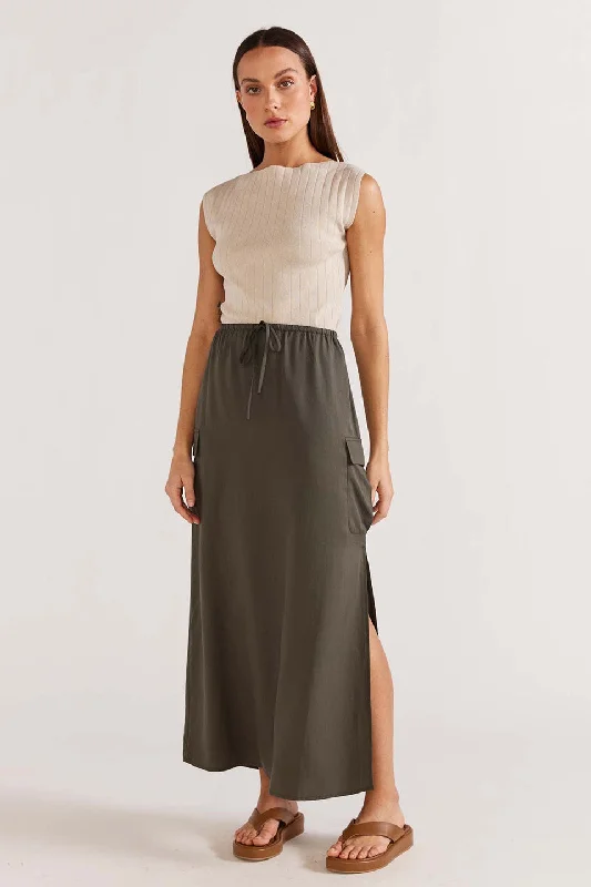 Kendi Khaki Cargo Midi Skirt high slit skirt